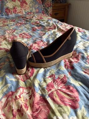 Tory Burch Black Canvas Peep-Toe Wedge with Brown Trim